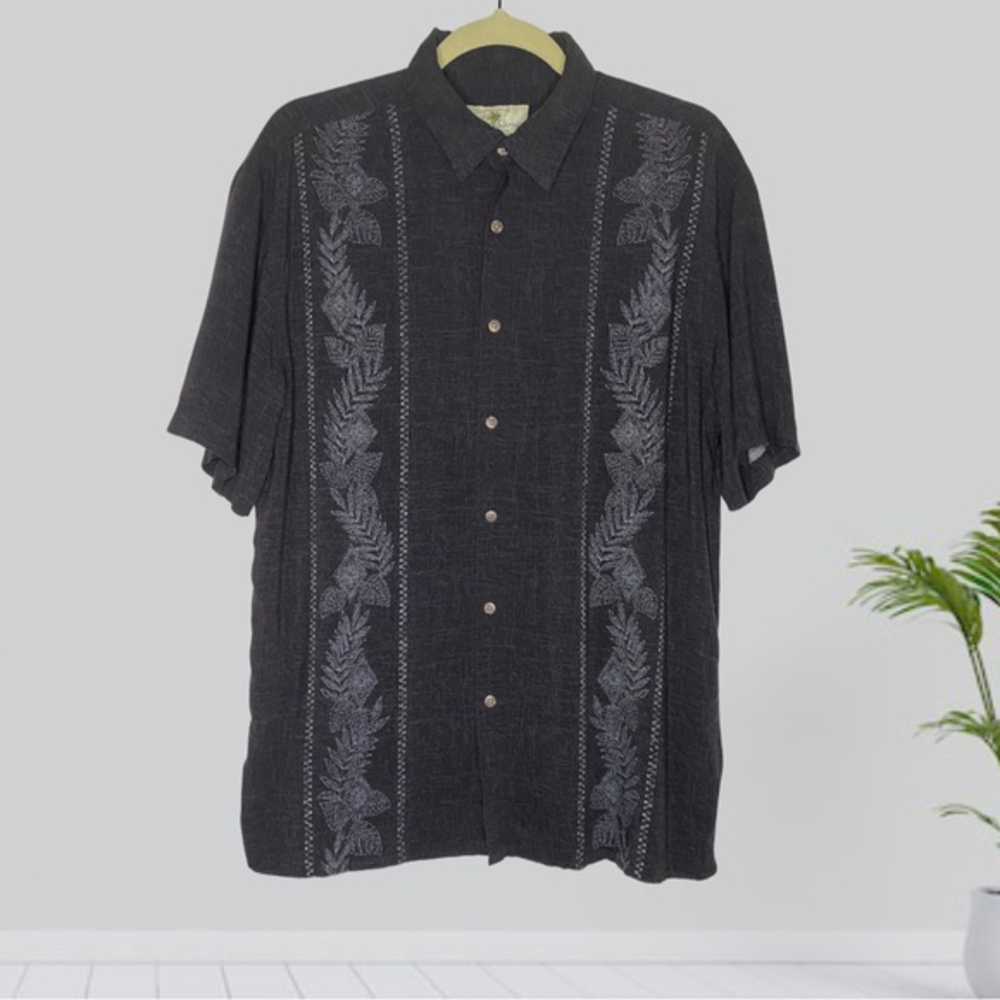 Men’s Island Shores Gray Hawaiian Panel Button Down Shirt Size L
